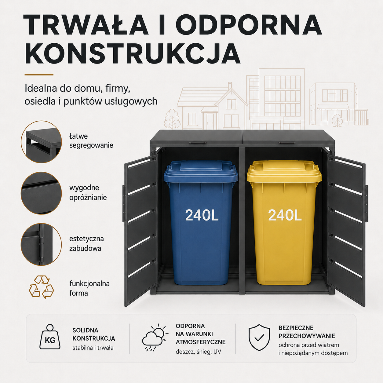Trwała i odporna konstrukcja zabudowy koszy 2×240 l