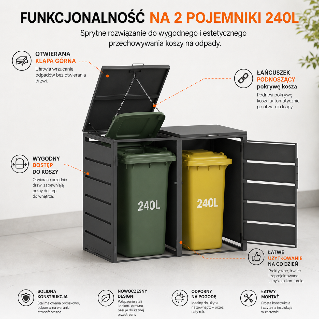 Funkcjonalność zabudowy na 2 pojemniki 240 l